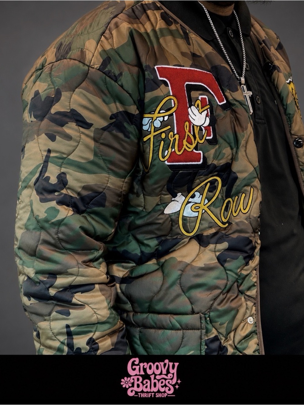 Camo Quilted Men's Jacket with Embroidered 'First Row' Patch